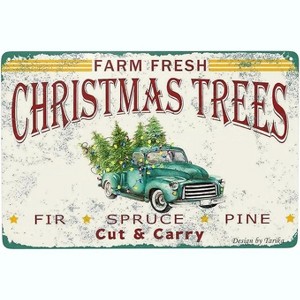 Lomsoe Xmas Tree Truck Metal Tin Sign Merry Christmas Sign Vintage Painting Tin Sign Garden Wall Decor Christmas Tin Sign 12 x 8 Inch - 1 of 1