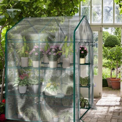 Clear PVC Walk-In Greenhouse with 8 Shelves and Steel Frame