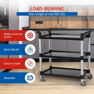 3-Shelf Rolling Utility Cart, Service Cart Push Cart 500 Lbs