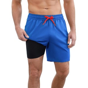 Mens Swimsuit Trunks 7" Quick-Dry Swim Shorts with Compression Liner and Zipper Pockets Beach Shorts Bathing Bathing Suits for Men - Blue,2XL - 1 of 4