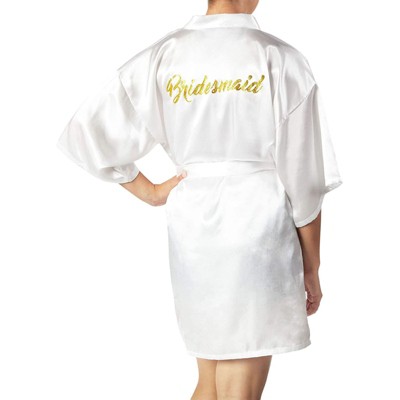 Sparkle and Bash White Satin Kimono Robes for Bridesmaid, Bachelorette Party Gift (Medium)