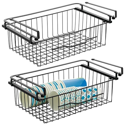 mDesign Large Wire Hanging Drawer Basket - Attaches to Shelving - 2 Pack - Black