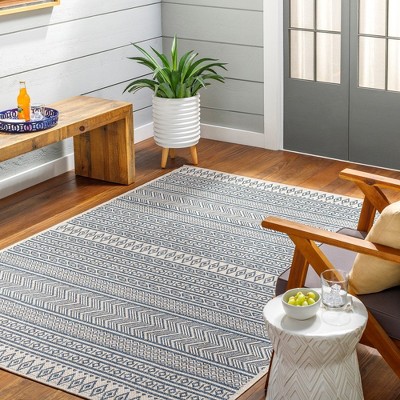 Antibes Navy Blue and Beige Synthetic Fur Stripe Rectangular Rug