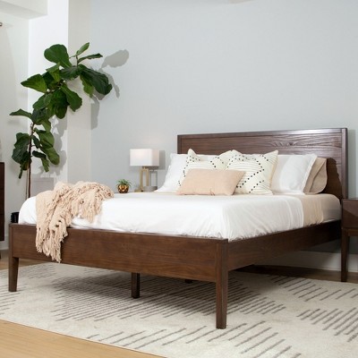 Walnut Queen Solid Pine Wood Bed Frame with Headboard