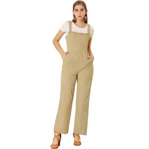 Allegra K Women's Casual Vintage Straps Ruffled Pockets 100% Cotton Wide Leg Overalls Jumpsuit - 1 of 4