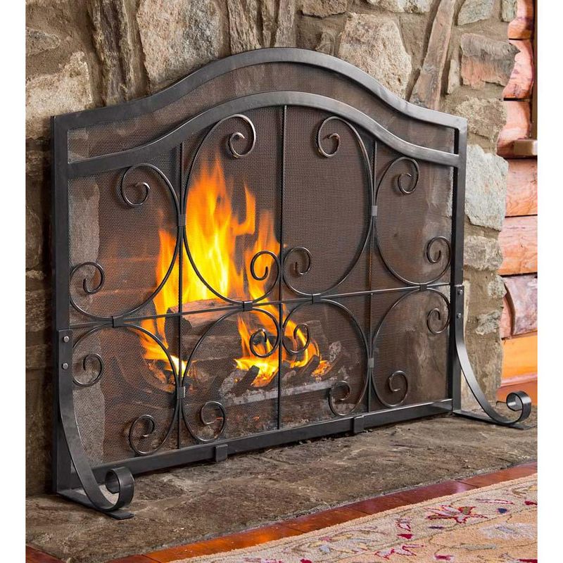 Plow & Hearth - Small Crest Flat Guard Fireplace Fire Screen 38"W x 31"H at center, 25¼"H at ends, 2 of 3