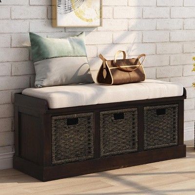 ELJGET Storage Bench with 3 Rattan Baskets, Entryway Shoe Bench with Cushioned Seat, for Bedroom, Living Room