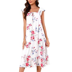 Womens Pajama Cap Sleeve Night Dress Floral Nightgowns with Ruffle Hem - 1 of 4