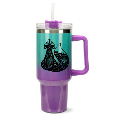 Elanze Designs 40 Ounce Ombre Travel Tumbler With Straw and Lid Stainless Steel Double Wall Insulated Sly Stunning Forest Fox Teal and Purple Glitter