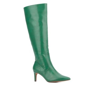 New York & Company Women's Piper- Croc Embossed Kitten Heel Knee-High Boots - 8, GREEN LIZARD - 1 of 4