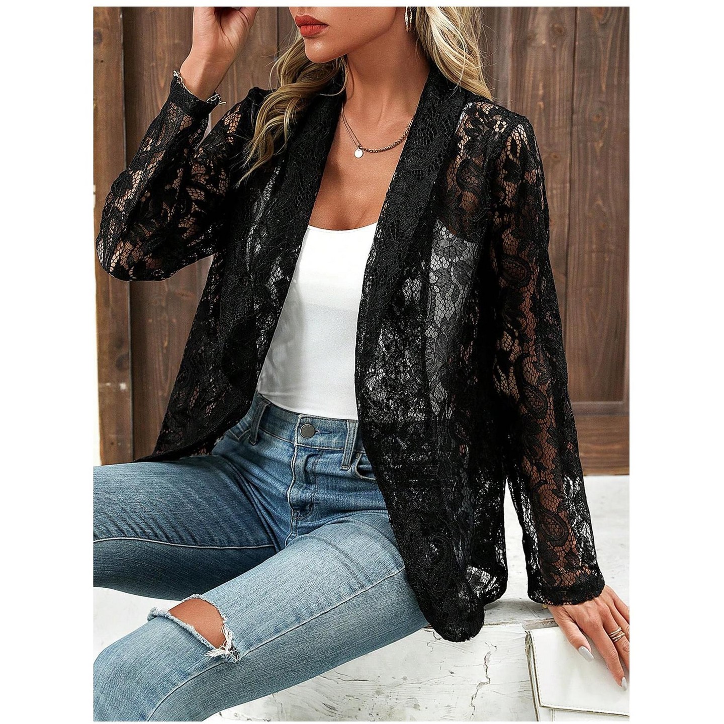 Женские кардиганы YesFashion Long Sleeve Floral Lace Open Front Blazer Jacket Sheer Lapel Collar Lightweight Cardigan Outerwear Casual Cover Up, XL, Black, цвет: С принтом — фото 4