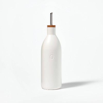 Ceramic Oil Pour Bottle Cream - Figmint™: Stoneware Oil Dispenser with Stainless Steel & Wood Lid, 18.7oz Capacity