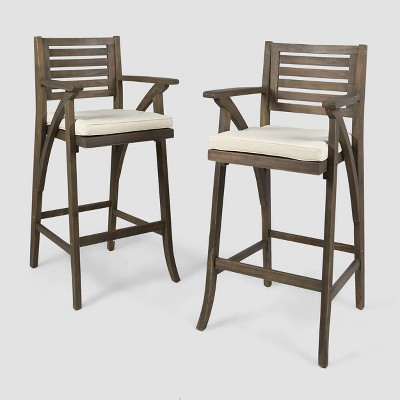 Gray Acacia Wood Barstools with Cream Cushions, Set of 2