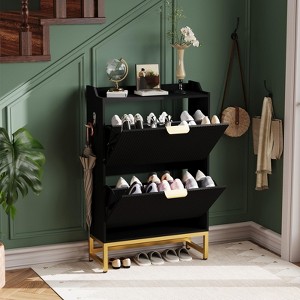 Narrow Shoe Cabinet, 2 Flip Drawer Storage with Fluted Panel, Hidden Organizer for Entryway, Foyer, Hallway - 1 of 4