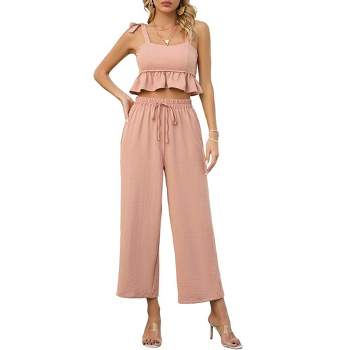 Women's 2 Piece Tracksuit Sleeveless Square Neck Linen Tank Crop Top Wide Leg Pants Matching Sets Summer Outfits