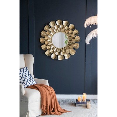Wooakway 37"H Iron Accent Mirror Floral Wall Mirror Novelty Bathroom/Vanity Mirror Gold