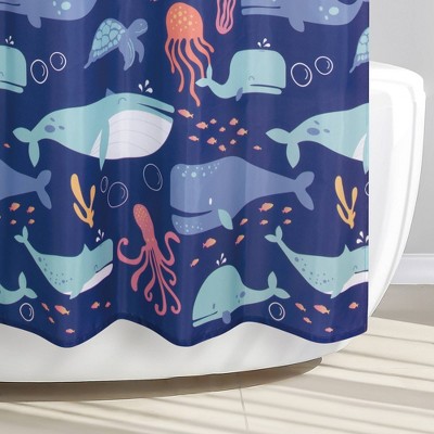 Blue Multi Whales Polyester Fabric Kids' Shower Curtain