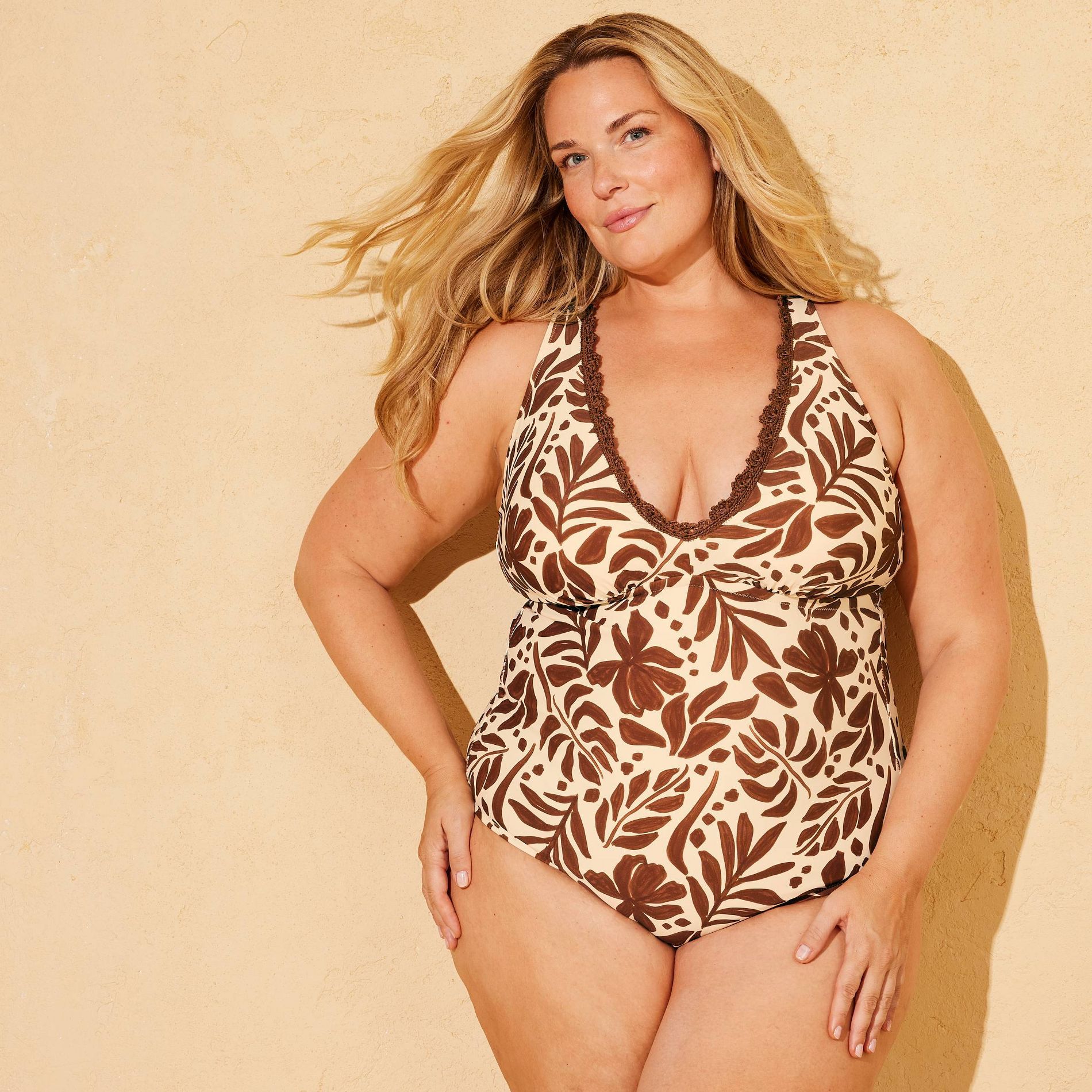 Women's Crochet Trim Floral Plunge Regular Leg Medium Coverage One Piece Swimsuit - Shade & Shore™ Brown
