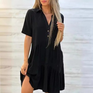 Coolmee Midi Dress for Women Short Sleeve Ruffle Tiered Hem Button Collared  Summer Loose Fit Dresses XL Black : Target