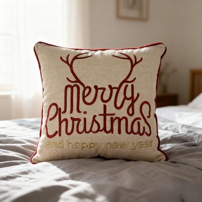 YOOCOZZ Christmas Trendy Bedding Decor- Merry Christmas and Happy New Year Throw Pillow – 20x20 Linen Look with Gold Accents and Insert