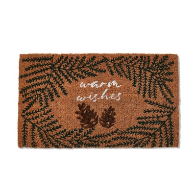 tagltd 1'6" x 2'6" Warm Wishes Sentiment Pine Cone Rectangle Indoor and Outdoor Coir Door Welcome Mat Green on Brown Background