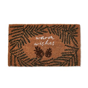 tagltd 1'6" x 2'6" Warm Wishes Sentiment Pine Cone Rectangle Indoor and Outdoor Coir Door Welcome Mat Green on Brown Background - 1 of 2