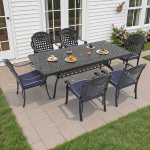 7-Piece Durable Cast Aluminum Outdoor Dining Set - Rectangle Table & Stackable Chairs Comfortable Blue Cushions - Perfect Patio & Backyard Furniture - 1 of 4