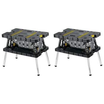 Keter Folding Portable Table Tool Stand Workbench with 2 12" Wood Clamps for Miter Saws, Home Improvement, and Construction, Black & Yellow (2 Pack)