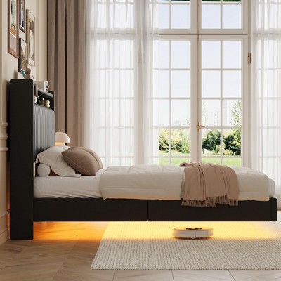 Black Queen Upholstered Floating Bed Frame with LED Lights and Storage