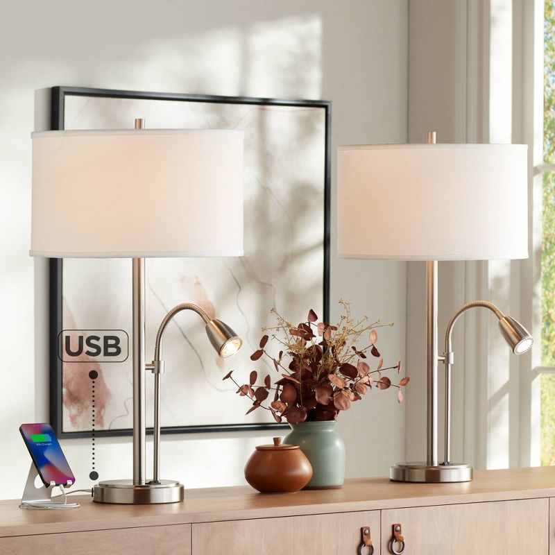 Possini Euro Design Traverse Modern Table Lamps Set of 2 29 1/2" Tall Brushed Nickel with USB Charging Port LED Gooseneck White Drum Shade for Desk, 2 of 10