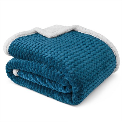 Reversible Teal Blue Sherpa Fleece Throw Blanket