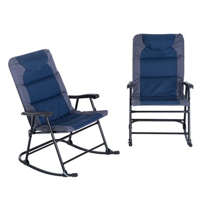 Outsunny 3 Piece Outdoor Patio Furniture Set with Glass Coffee Table & 2 Folding Padded Rocking Chairs, Bistro Style for Porch, Camping, Balcony