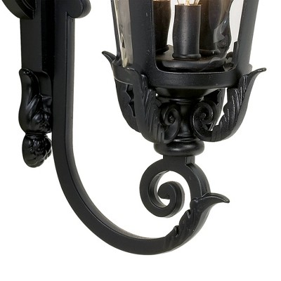 Black Scroll Arm Outdoor Wall Light with Clear Hammered Glass