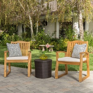 GDFStudio Croxton Outdoor Wicker and Acacia Wood 3 Piece Chat Set with Cushion, Multibrown/Beige - 1 of 4