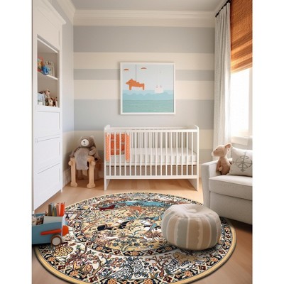 Round Tan and Blue Synthetic Stain-Resistant Area Rug