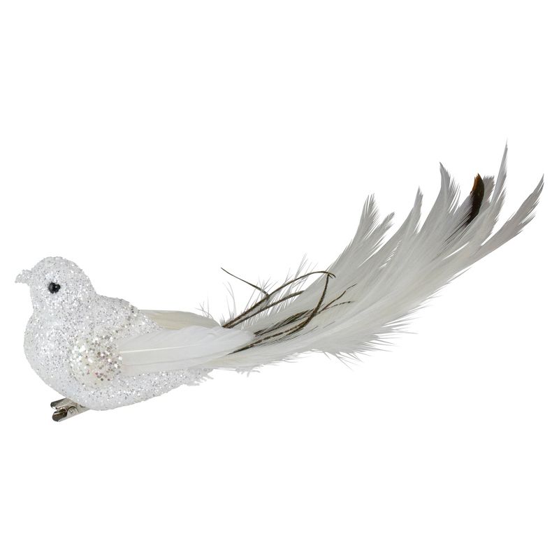 Northlight Glittered Bird with Feather Tail Clip-on Christmas Ornament - 8" - White and Black, 5 of 7