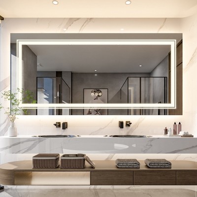 40/60/63in Oversize Led Dual Illuminated Bathroom Mirror Wall Mount Antifog Vanity Mirrors Shatterproof Aluminum