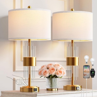 KTMBDW Set of 2 Modern Lamps for Living Room, Bedroom Nightstand Table Lamp with 2 USB Charging Ports for End Table Entryway, 2 Bulbs Included, Gold