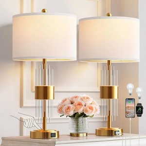 KTMBDW Set of 2 Modern Lamps for Living Room, Bedroom Nightstand Table Lamp with 2 USB Charging Ports for End Table Entryway, 2 Bulbs Included, Gold - 1 of 4
