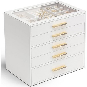Jewelry Box with Glass Lid & 3 Drawers, Cloud White Organizer for Necklaces, Rings & Earrings, Mother's Day Gift - 1 of 4