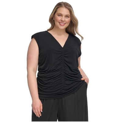Calvin Klein Womens Shirred Front Sleeveless Blouse Top, Black, 0X