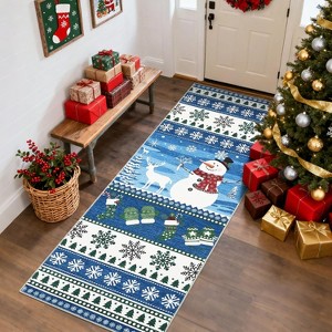 Christmas Runner Rug Washable Hallway Runner Non Slip, Holiday Santa & Reindeer Accent Rug, Low Pile Non Shedding Printed Kitchen Mat, Soft Thin - 1 of 4
