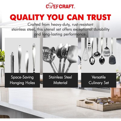 CHEF CRAFT 6pc Stainless Steel Kitchen Cooking Tool Set - Solid Turner, Slotted Turner, Basting Spoon, Slotted Spoon, Serving Fork & Ladle Silver — фото 6