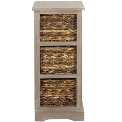 Transitional Brown Pine Wood Rectangular Side Table with 3 Wicker Baskets