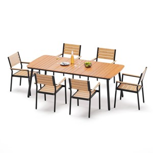 Crestlive Products 7pc Outdoor Dining set for 6 People Patio Rectangle Table Aluminum Frame with Wood-Like Tabletop and Umbrella Hole - 1 of 4