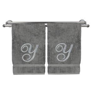 BC BARE COTTON Monogrammed Hand Towel, 100% Turkish Cotton - Set of 2 - Gray - Silver Script - 1 of 1