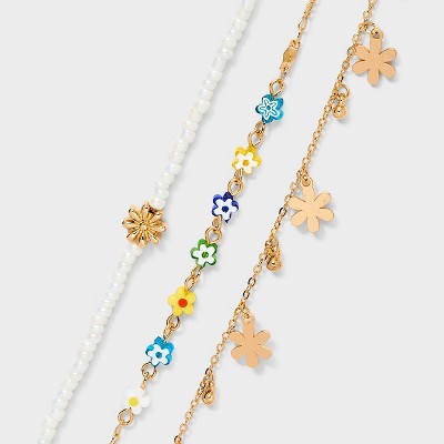 Flower and Seed Bead Anklet Set 3pc - Wild Fable™ Gold/Blue: Lobster Claw Clasp, Recycled Zinc, Chain Anklets