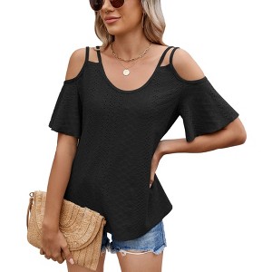 Womens Eyelet  Embroidery Tops Spaghetti Straps Short Sleeve Cold Shoulder Front Knit Casual Summer Lightweight Blouses for Women - 1 of 4