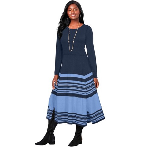 Jessica London Women s Plus Size Fit And Flare Sweater Dress 22 24 Navy French Blue