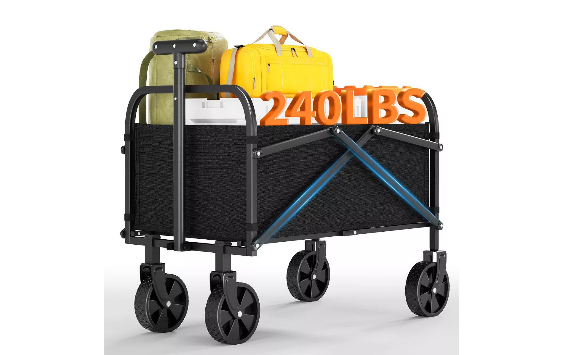 Foldable Collapsible Wagon Cart, 240 lbs Load All Terrain Utility Pull Camp Beach Wagon with Cup Holders & Adjustable Handle